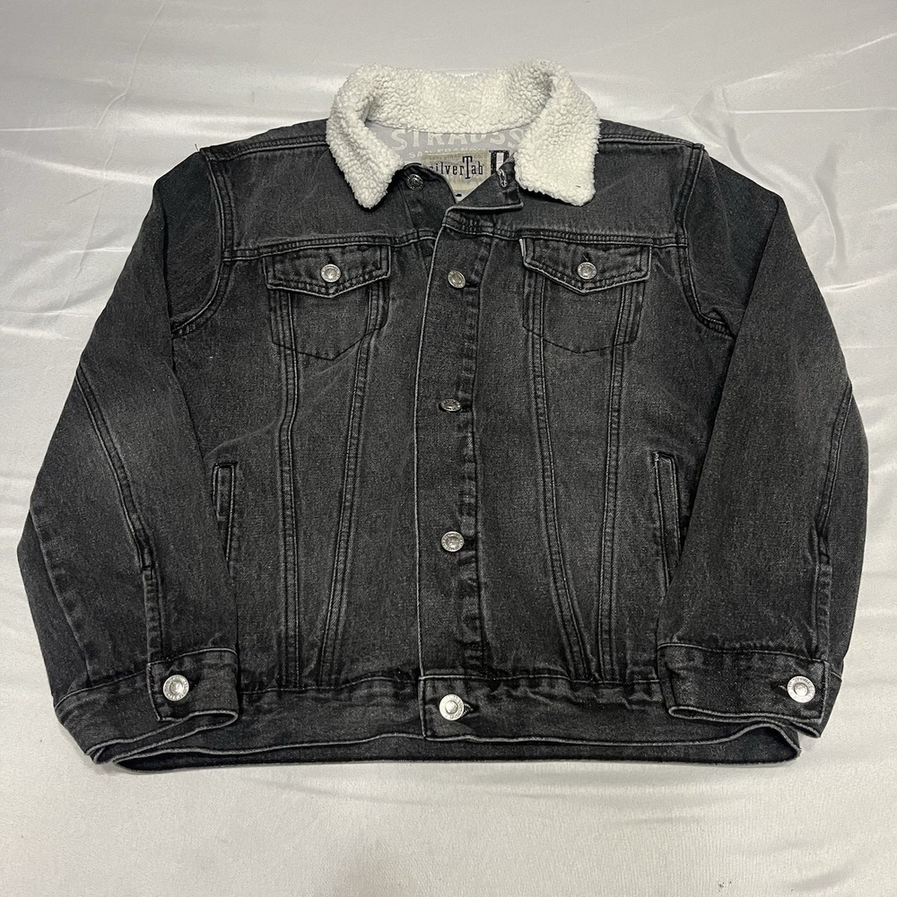 Levi's Silver Tab Denim Trucker Jacket Women's L Black Stonewash Sherpa Collar